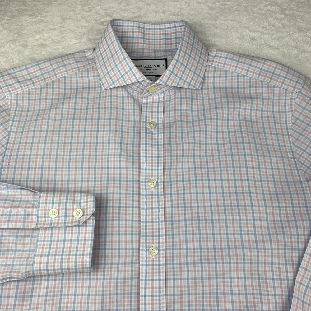 Charles Tyrwhitt Dress Shirt Mens 15.5-36 Pink/Blue Checks Slim Fit No Iron